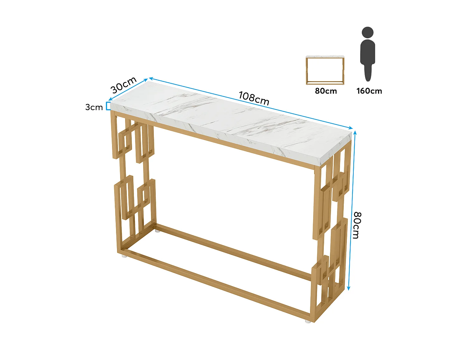 Table de Canapé Moderne en Faux Marbre Blanc, MDF Table d'Entrée avec Pieds en Métal Doré pour Salon
