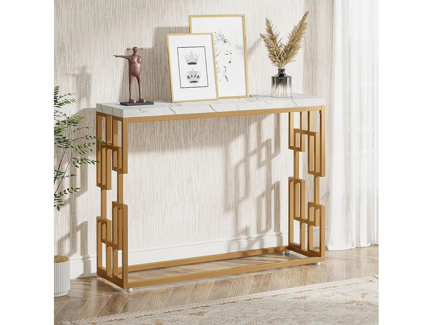 Table de Canapé Moderne en Faux Marbre Blanc, MDF Table d'Entrée avec Pieds en Métal Doré pour Salon