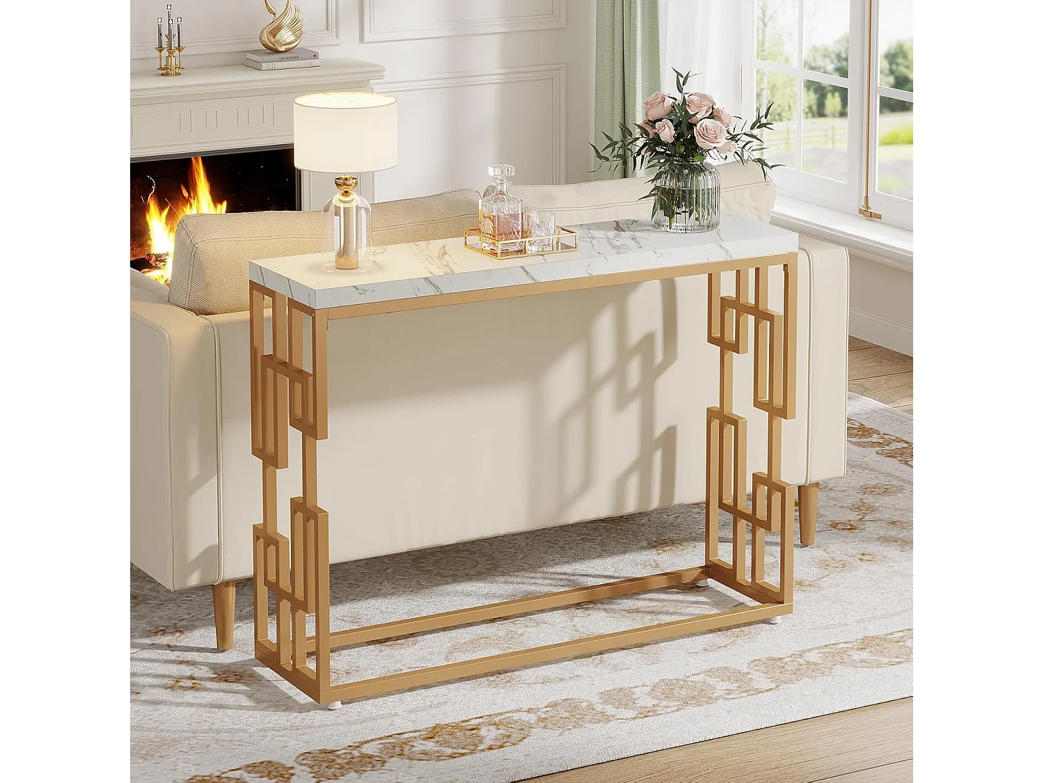 Table de Canapé Moderne en Faux Marbre Blanc, MDF Table d'Entrée avec Pieds en Métal Doré pour Salon