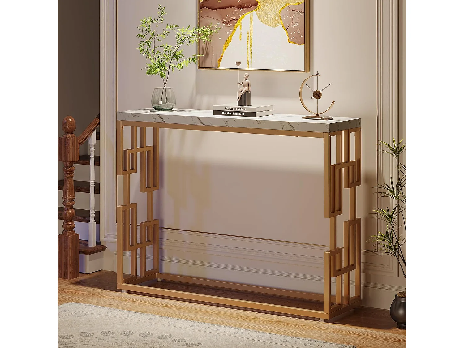 Table de Canapé Moderne en Faux Marbre Blanc, MDF Table d'Entrée avec Pieds en Métal Doré pour Salon