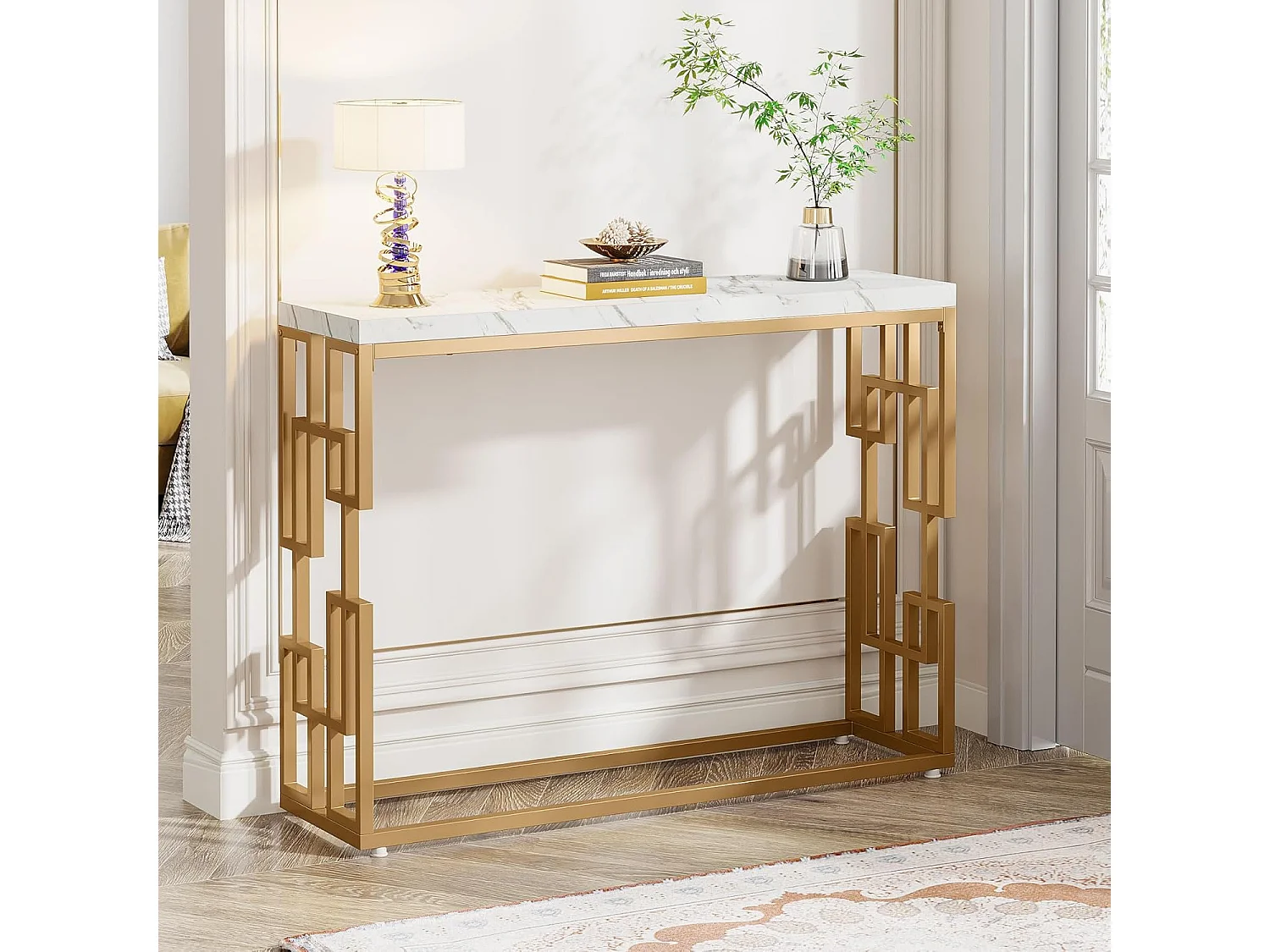 Table de Canapé Moderne en Faux Marbre Blanc, MDF Table d'Entrée avec Pieds en Métal Doré pour Salon