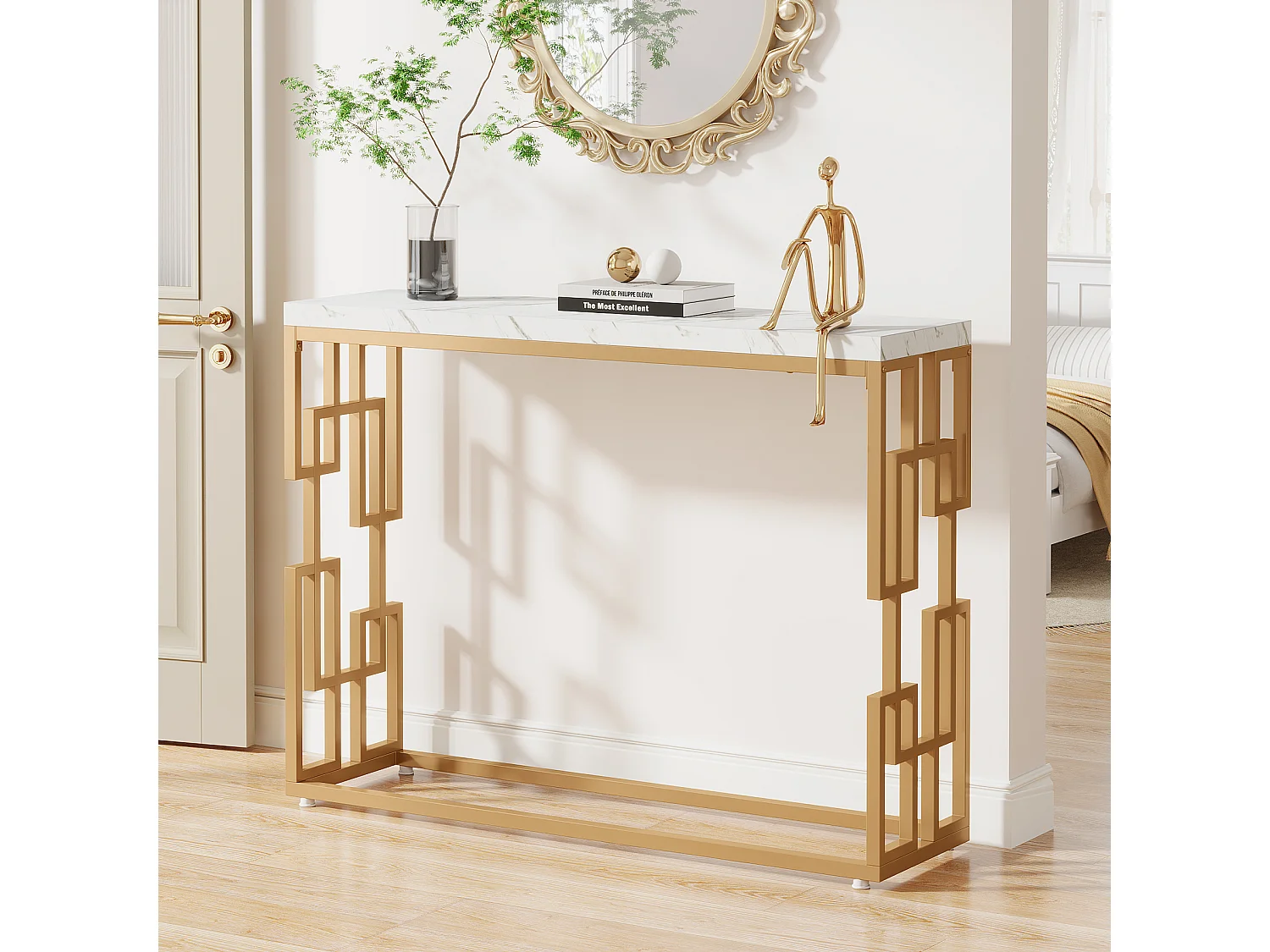 Table de Canapé Moderne en Faux Marbre Blanc, MDF Table d'Entrée avec Pieds en Métal Doré pour Salon