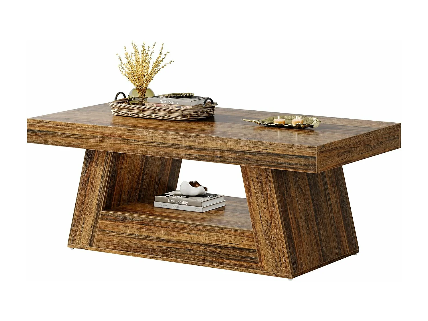 Table basse rectangulaire à 2 niveaux avec rangement - Marron rustique - 120 x 60 cm