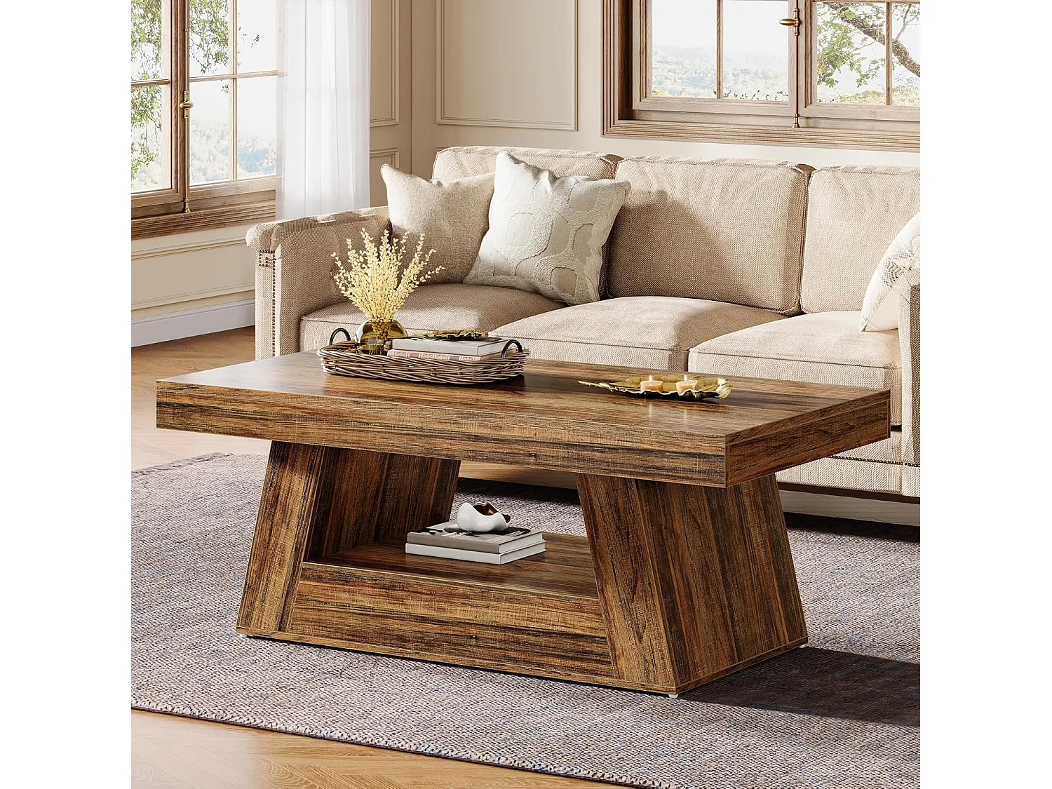 Table basse rectangulaire à 2 niveaux avec rangement - Marron rustique - 120 x 60 cm