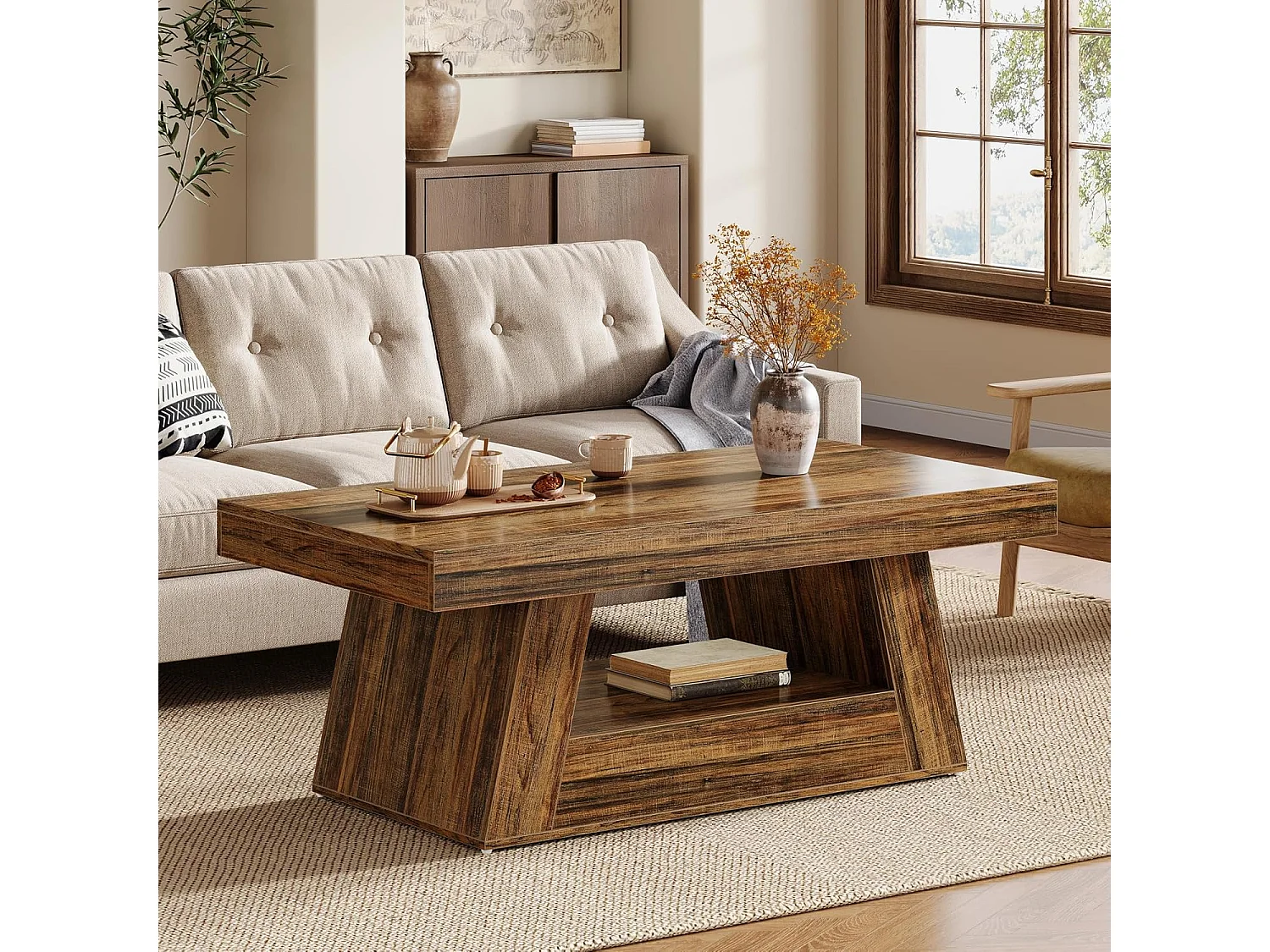 Table basse rectangulaire à 2 niveaux avec rangement - Marron rustique - 120 x 60 cm