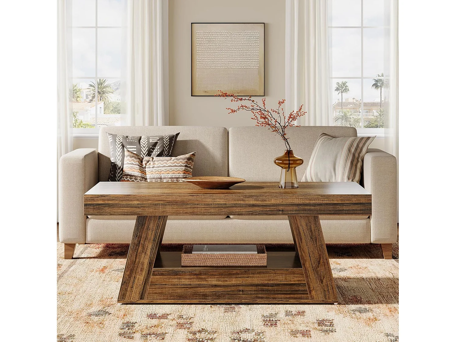 Table basse rectangulaire à 2 niveaux avec rangement - Marron rustique - 120 x 60 cm