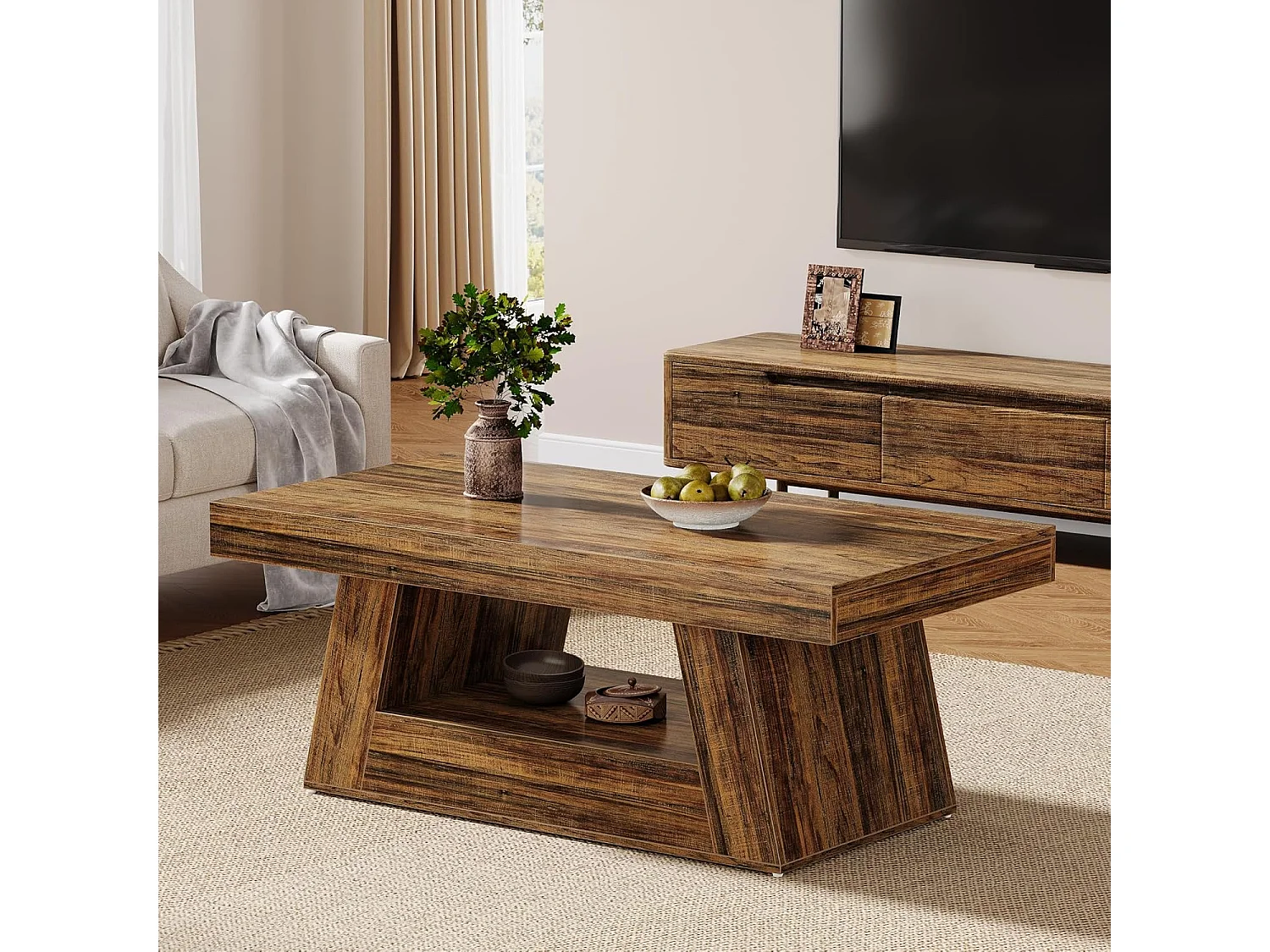 Table basse rectangulaire à 2 niveaux avec rangement - Marron rustique - 120 x 60 cm