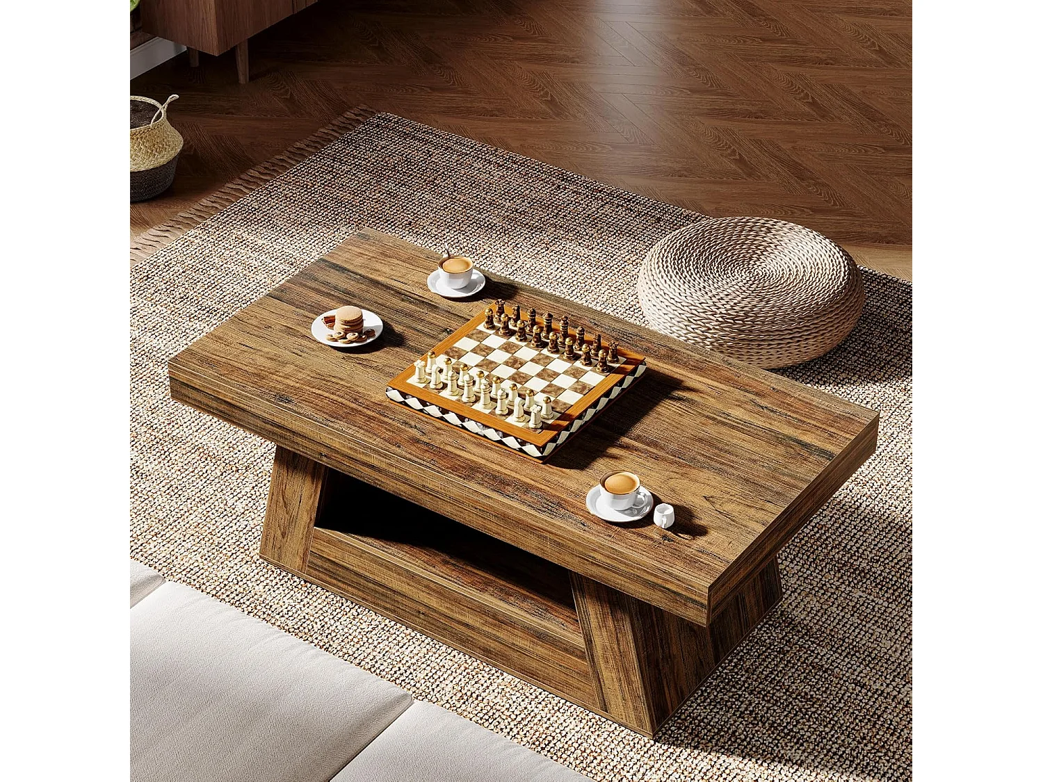 Table basse rectangulaire à 2 niveaux avec rangement - Marron rustique - 120 x 60 cm