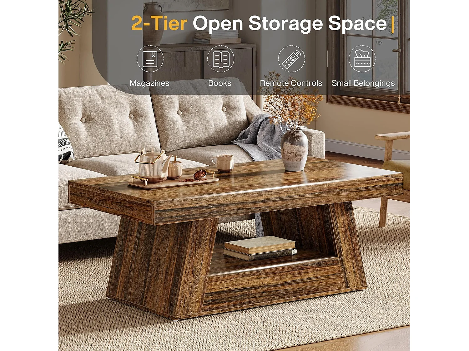 Table basse rectangulaire à 2 niveaux avec rangement - Marron rustique - 120 x 60 cm