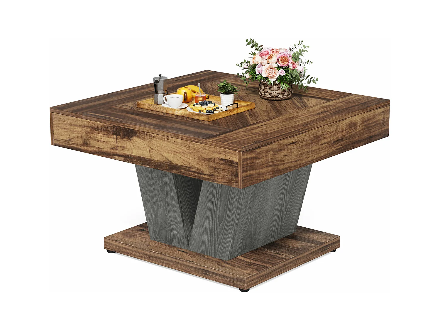 Table Basse Carrée, Table Basse En Bois Pour Salon, Moderne/Industriel/Rustique, Marron Rustique Et Noir