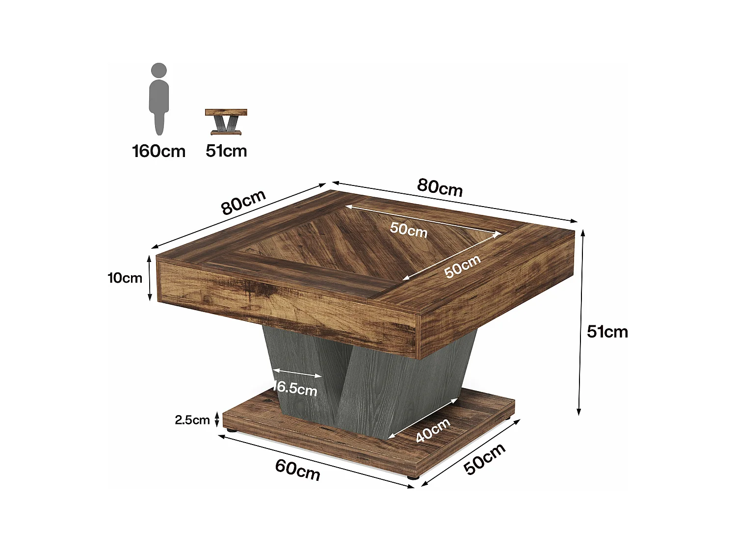 Table Basse Carrée, Table Basse En Bois Pour Salon, Moderne/Industriel/Rustique, Marron Rustique Et Noir