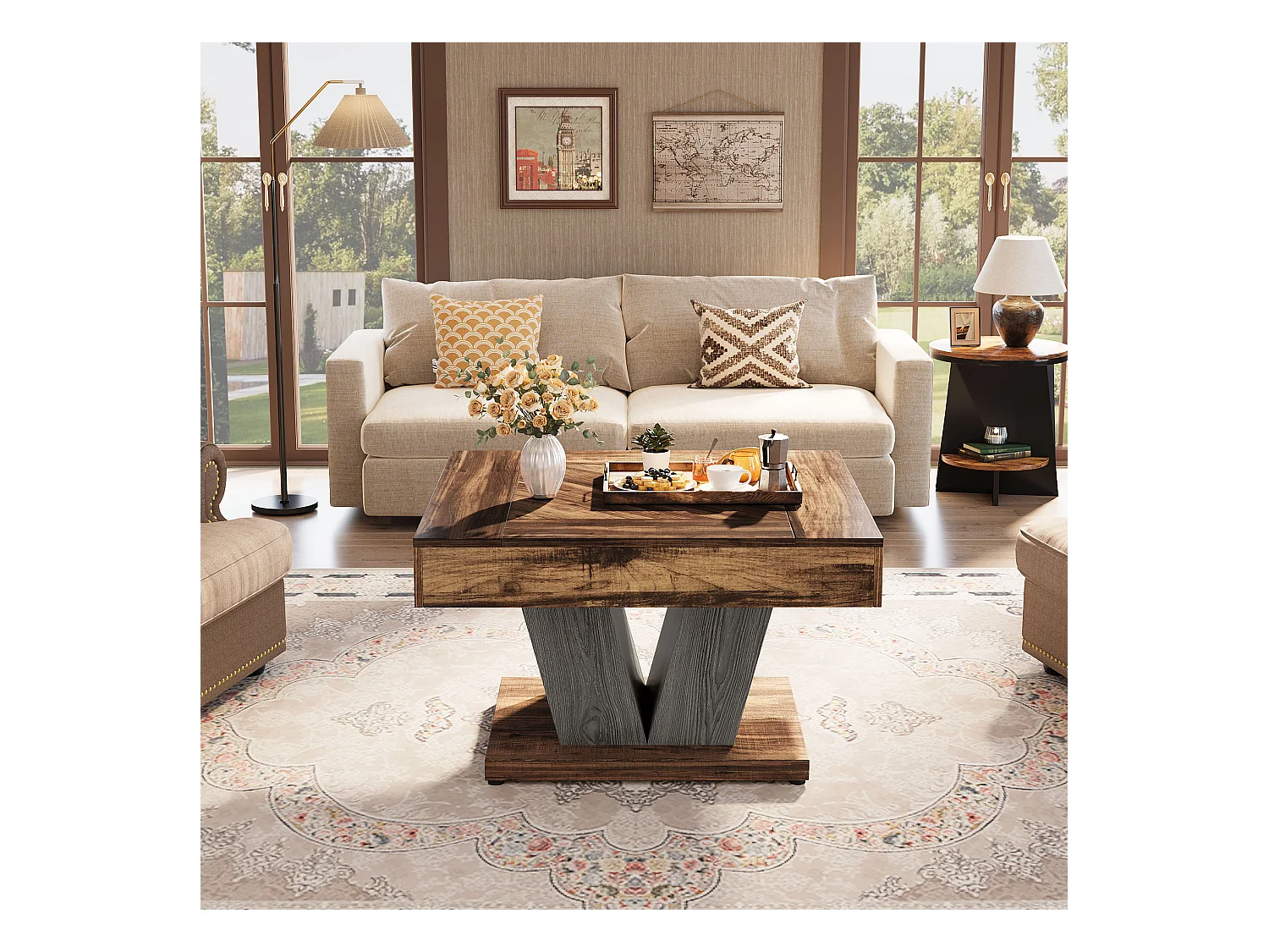 Table Basse Carrée, Table Basse En Bois Pour Salon, Moderne/Industriel/Rustique, Marron Rustique Et Noir