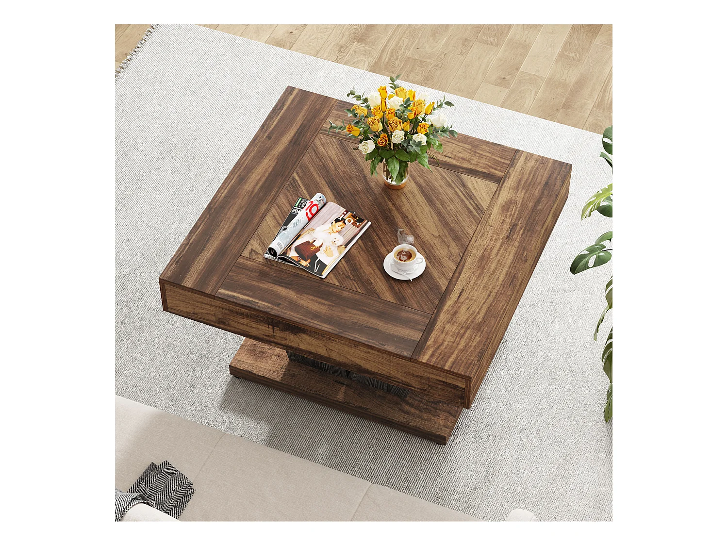 Table Basse Carrée, Table Basse En Bois Pour Salon, Moderne/Industriel/Rustique, Marron Rustique Et Noir