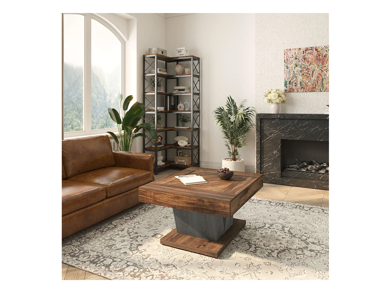 Table Basse Carrée, Table Basse En Bois Pour Salon, Moderne/Industriel/Rustique, Marron Rustique Et Noir