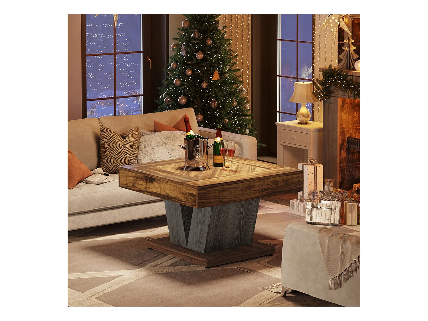 Table Basse Carrée, Table Basse En Bois Pour Salon, Moderne/Industriel/Rustique, Marron Rustique Et Noir