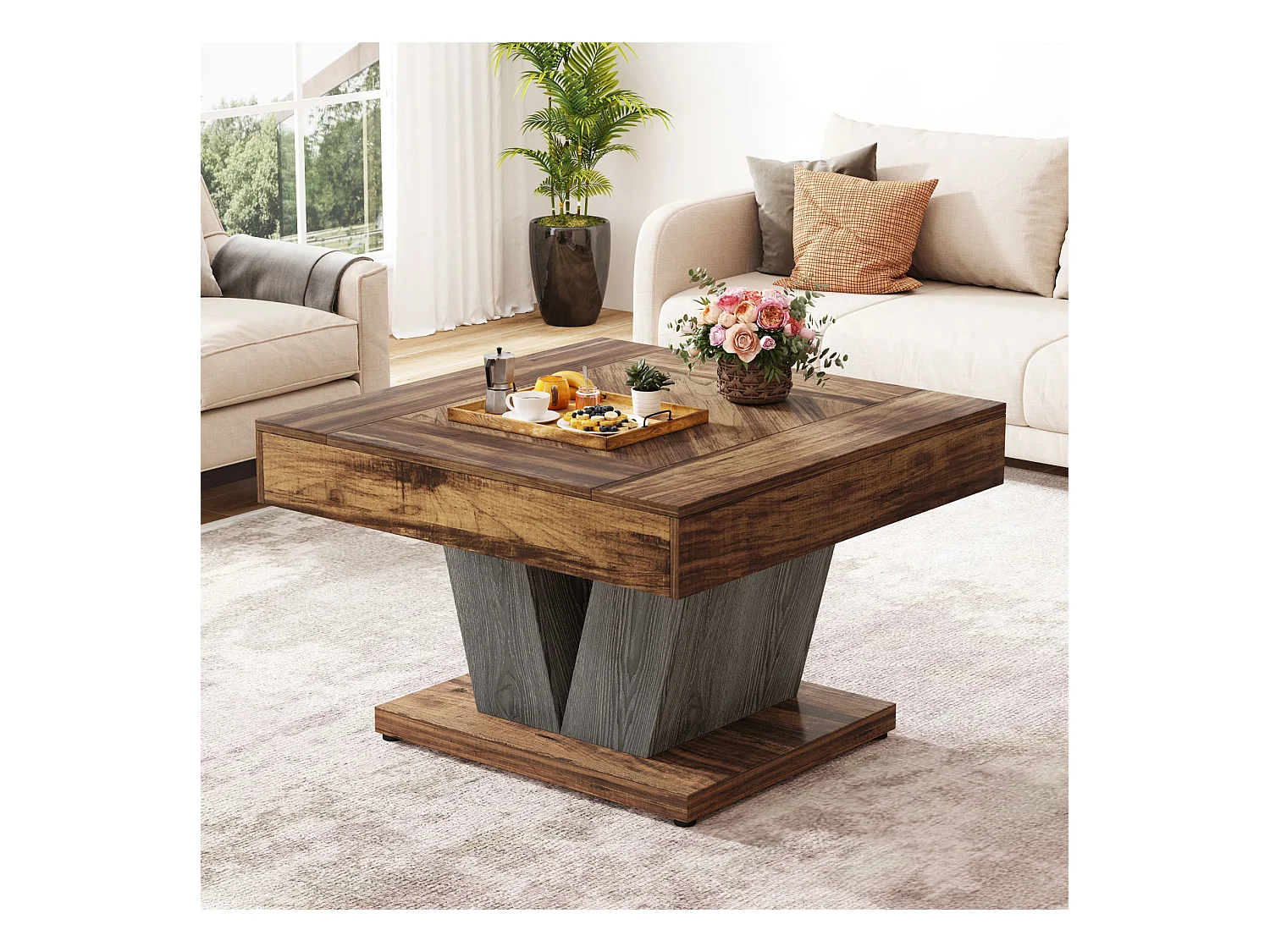 Table Basse Carrée, Table Basse En Bois Pour Salon, Moderne/Industriel/Rustique, Marron Rustique Et Noir