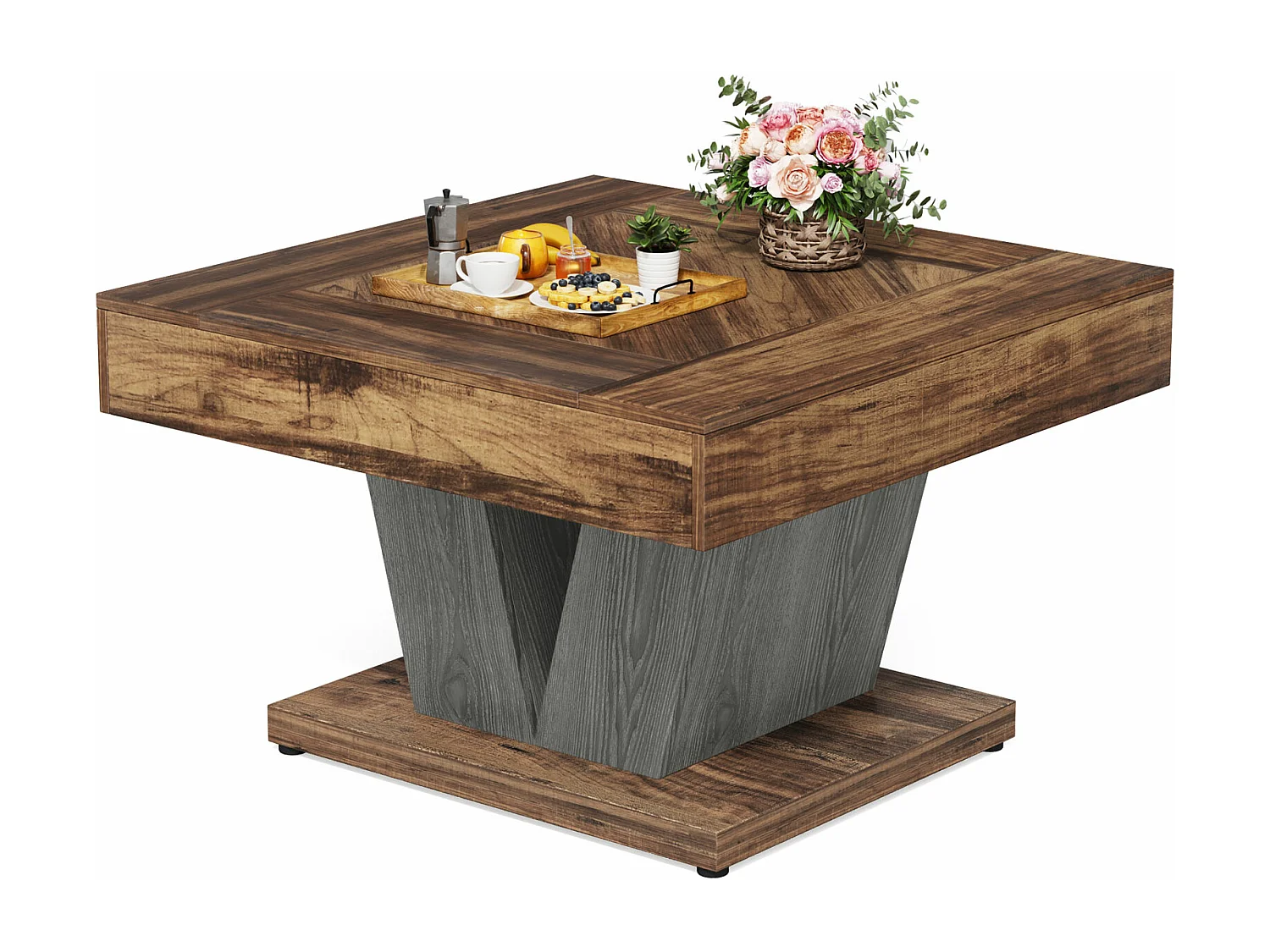 Table Basse Carrée, Table Basse En Bois Pour Salon, Moderne/Industriel/Rustique, Marron Rustique Et Noir