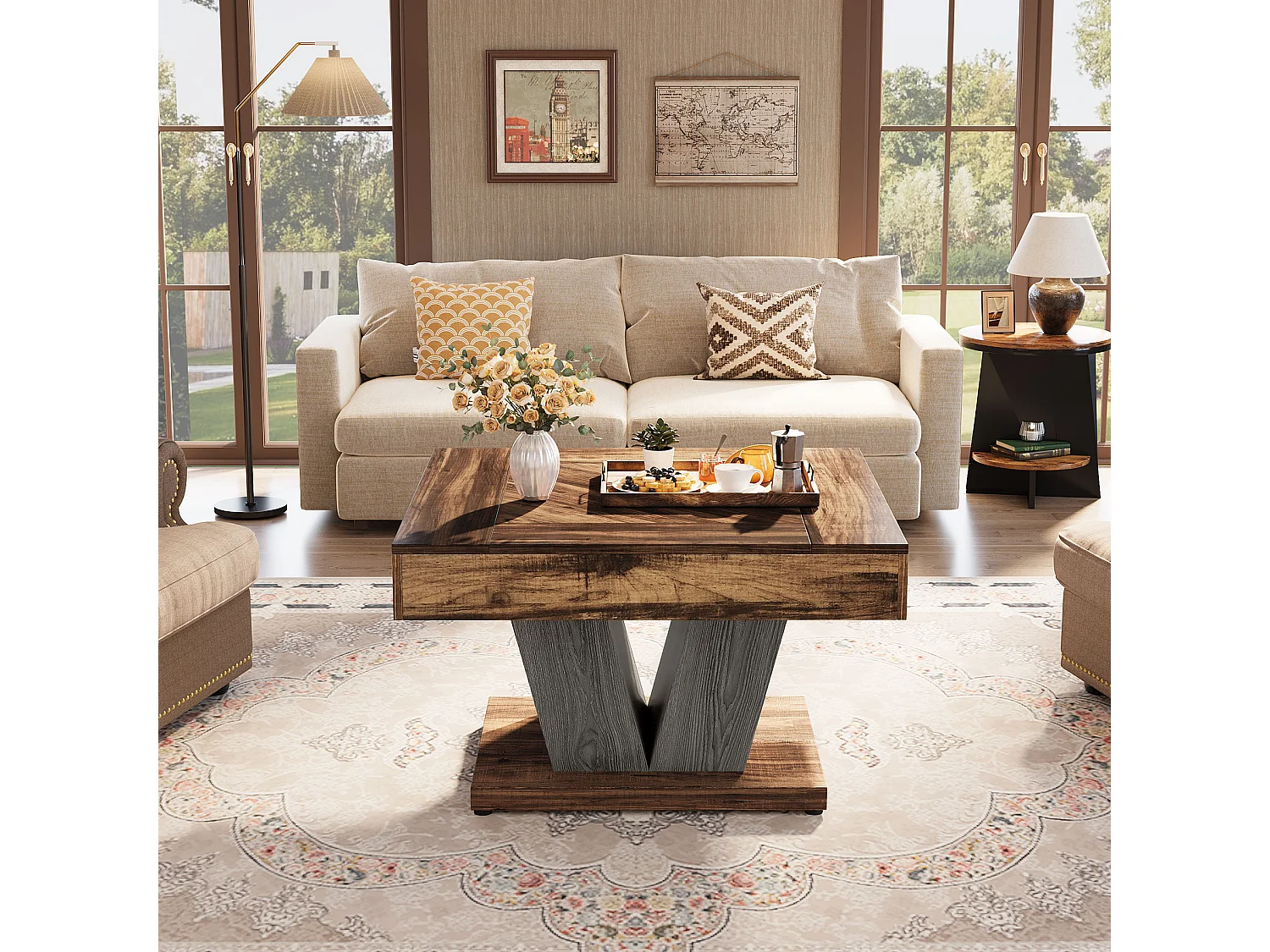 Table Basse Carrée, Table Basse En Bois Pour Salon, Moderne/Industriel/Rustique, Marron Rustique Et Noir