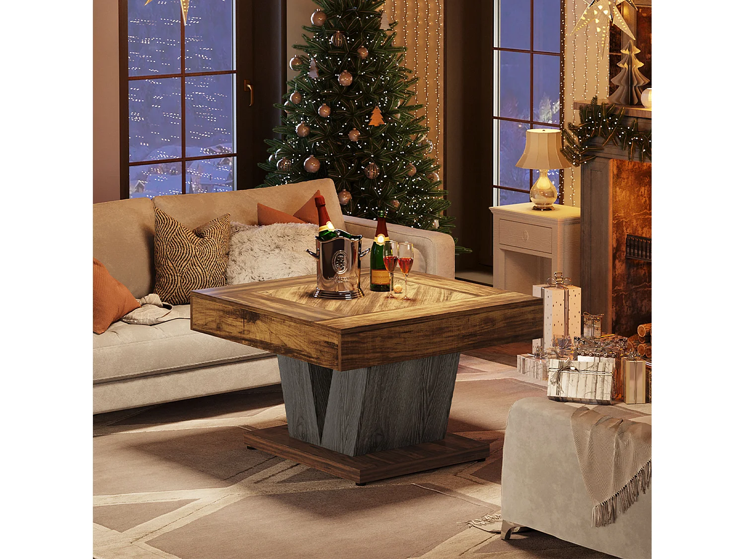 Table Basse Carrée, Table Basse En Bois Pour Salon, Moderne/Industriel/Rustique, Marron Rustique Et Noir