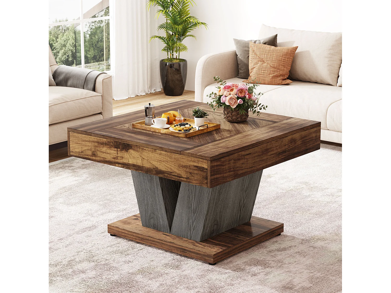 Table Basse Carrée, Table Basse En Bois Pour Salon, Moderne/Industriel/Rustique, Marron Rustique Et Noir