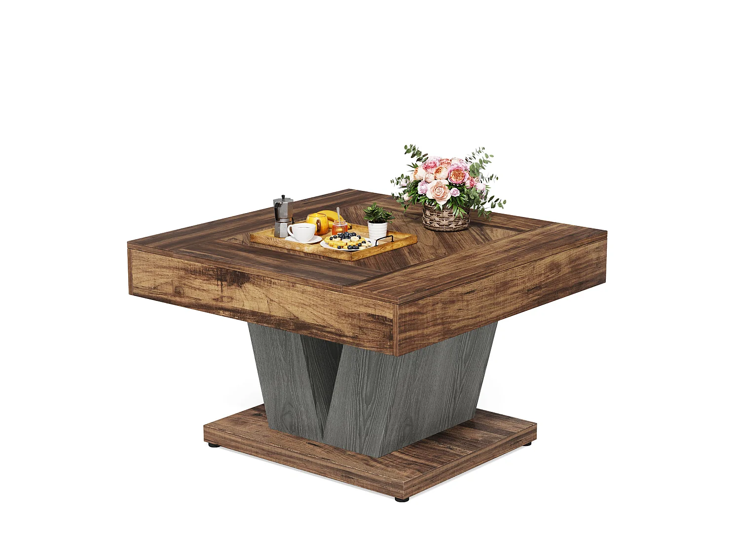 Tavolino da caffè quadrato, tavolino da caffè in legno per soggiorno, moderno/industriale/rustico, marrone rustico e nero