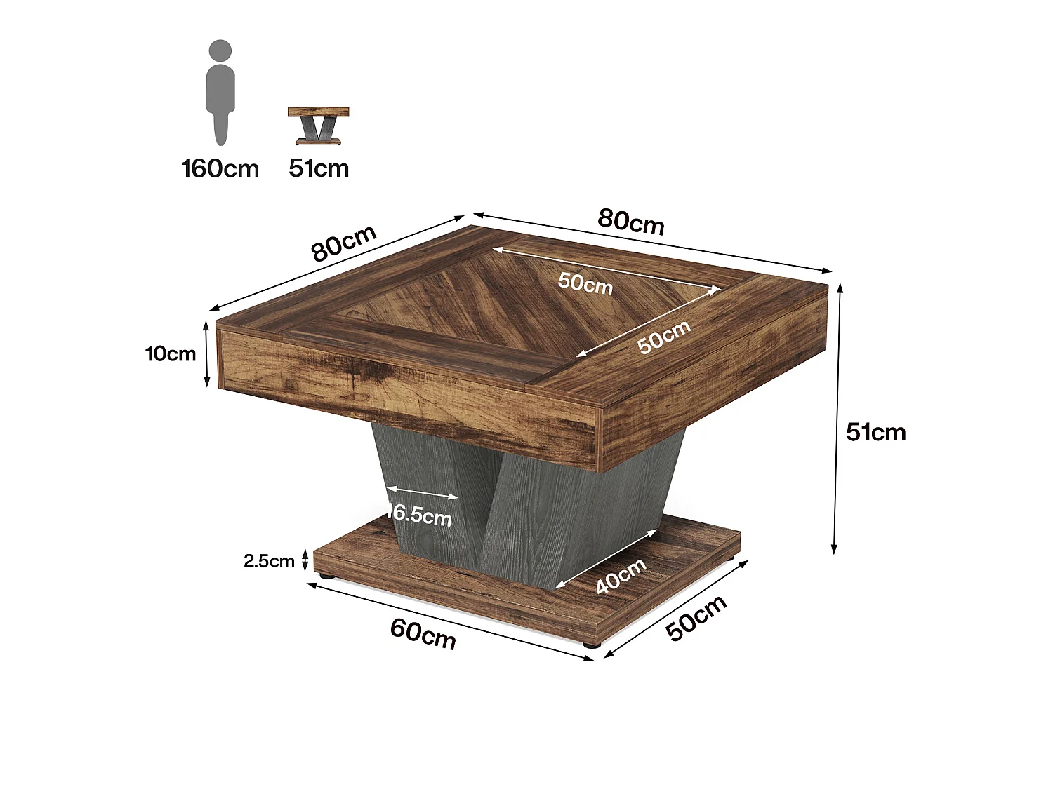 Tavolino da caffè quadrato, tavolino da caffè in legno per soggiorno, moderno/industriale/rustico, marrone rustico e nero