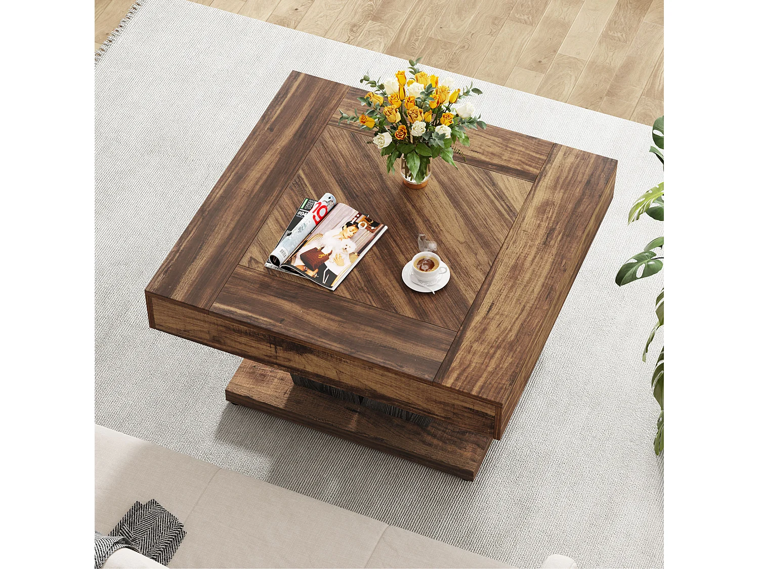 Tavolino da caffè quadrato, tavolino da caffè in legno per soggiorno, moderno/industriale/rustico, marrone rustico e nero