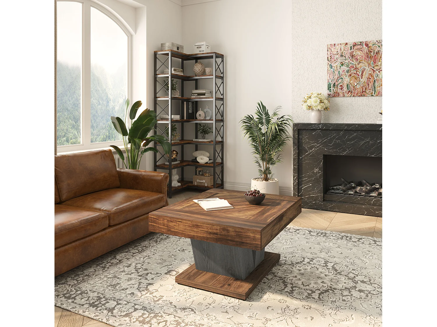 Tavolino da caffè quadrato, tavolino da caffè in legno per soggiorno, moderno/industriale/rustico, marrone rustico e nero