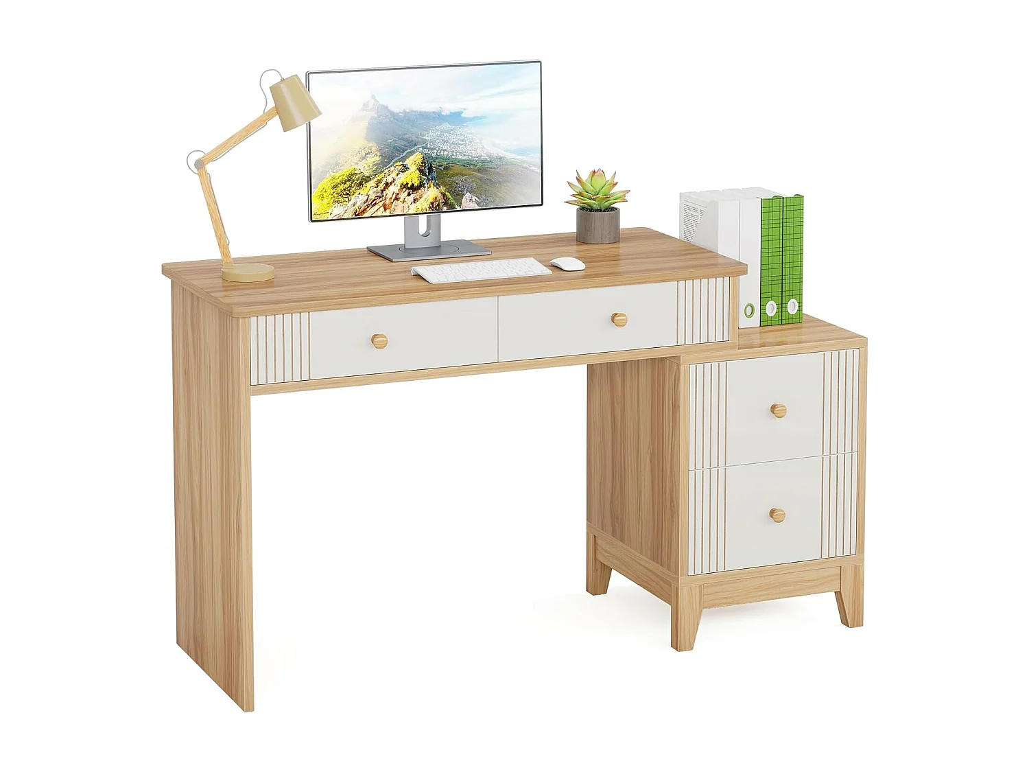 Bureau d'ordinateur avec 4 tiroirs, bureau à domicile avec rangement, bureau de direction moderne en bois, bureau d'étude