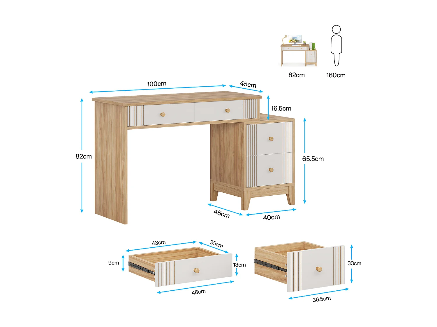 Bureau d'ordinateur avec 4 tiroirs, bureau à domicile avec rangement, bureau de direction moderne en bois, bureau d'étude