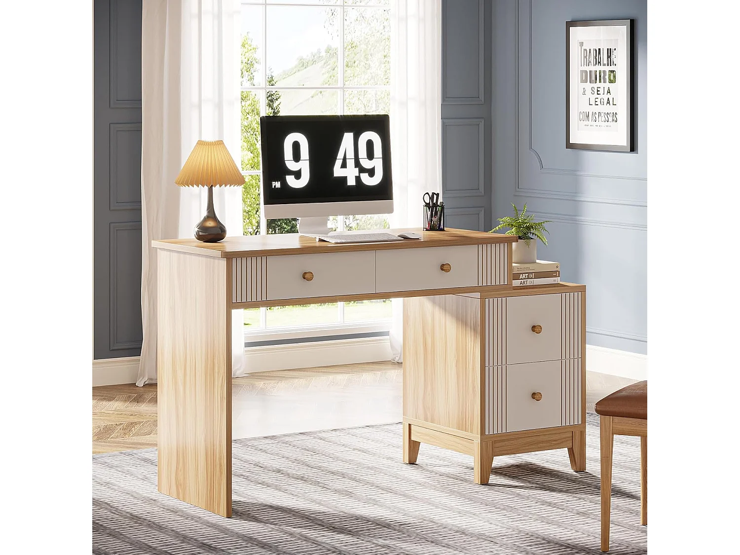 Bureau d'ordinateur avec 4 tiroirs, bureau à domicile avec rangement, bureau de direction moderne en bois, bureau d'étude