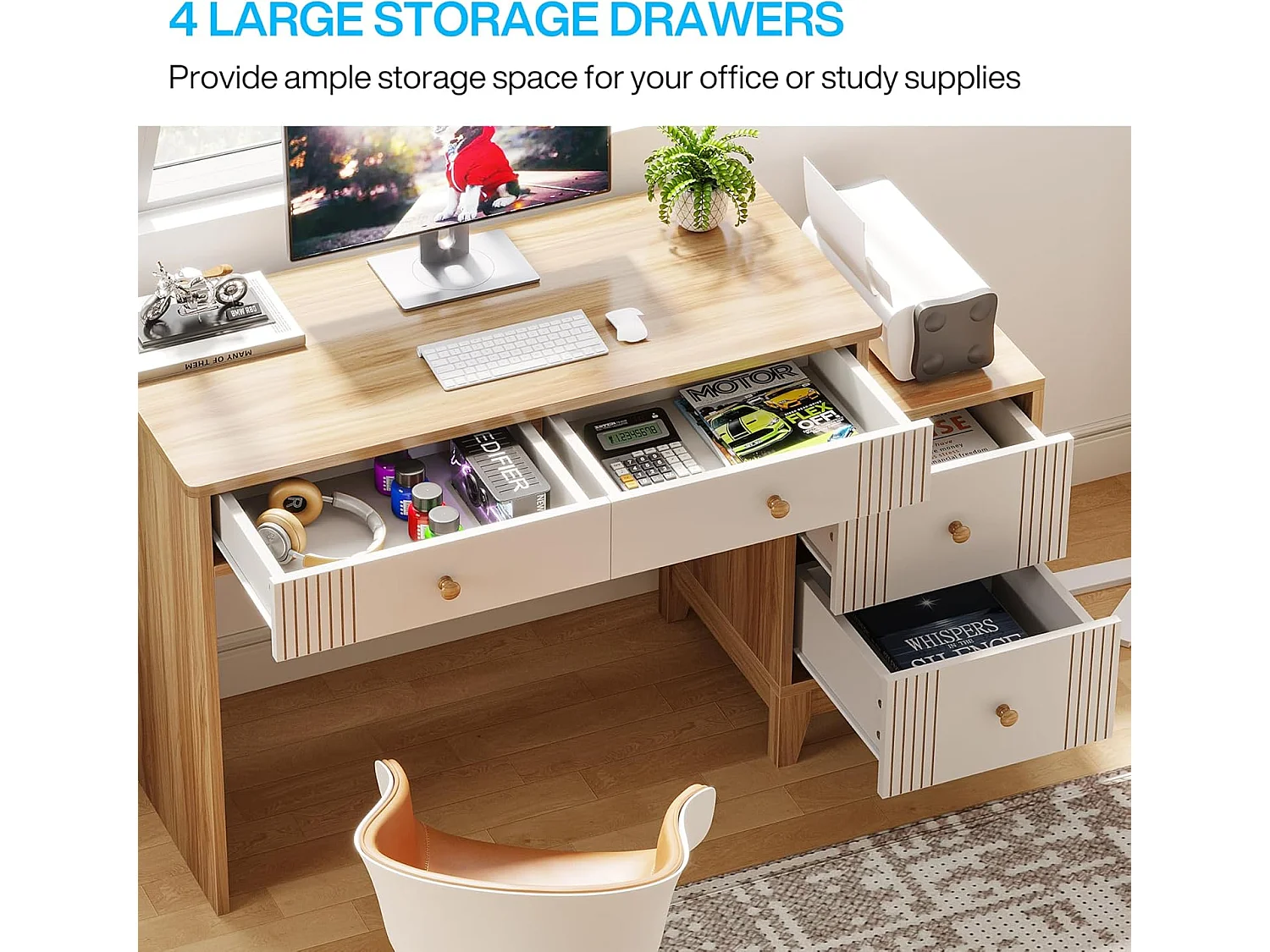 Bureau d'ordinateur avec 4 tiroirs, bureau à domicile avec rangement, bureau de direction moderne en bois, bureau d'étude