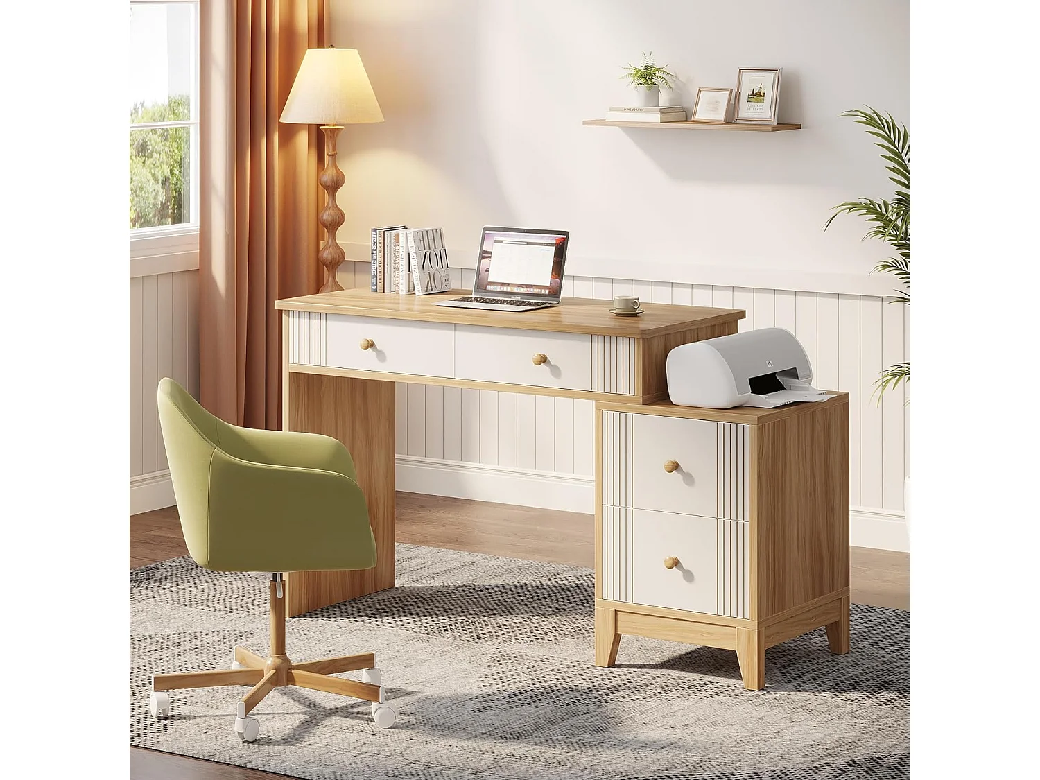Bureau d'ordinateur avec 4 tiroirs, bureau à domicile avec rangement, bureau de direction moderne en bois, bureau d'étude