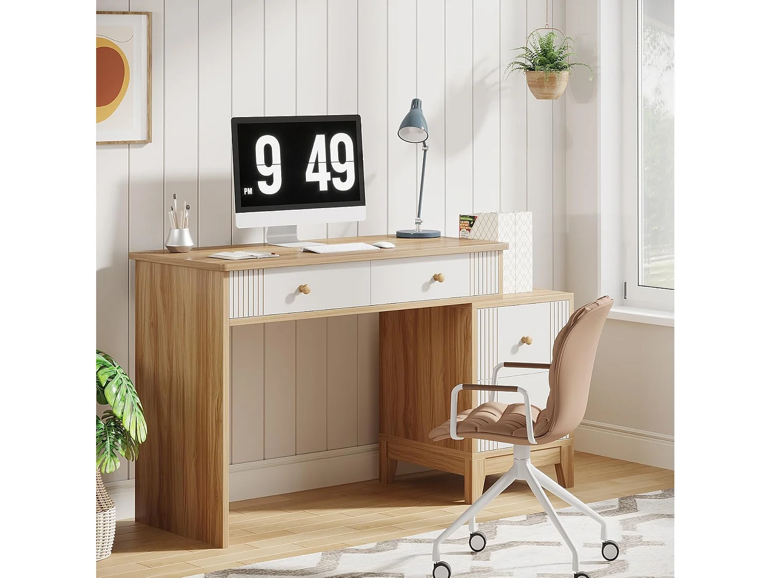 Bureau d'ordinateur avec 4 tiroirs, bureau à domicile avec rangement, bureau de direction moderne en bois, bureau d'étude