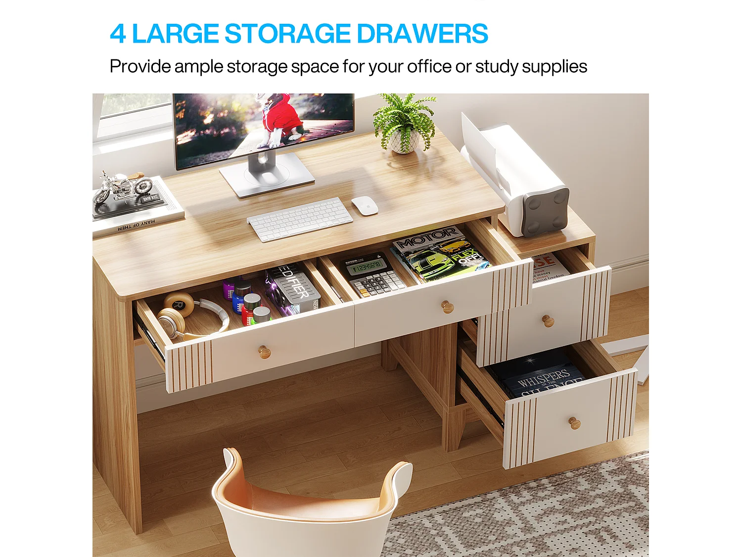 Bureau d'ordinateur avec 4 tiroirs, bureau à domicile avec rangement, bureau de direction moderne en bois, bureau d'étude