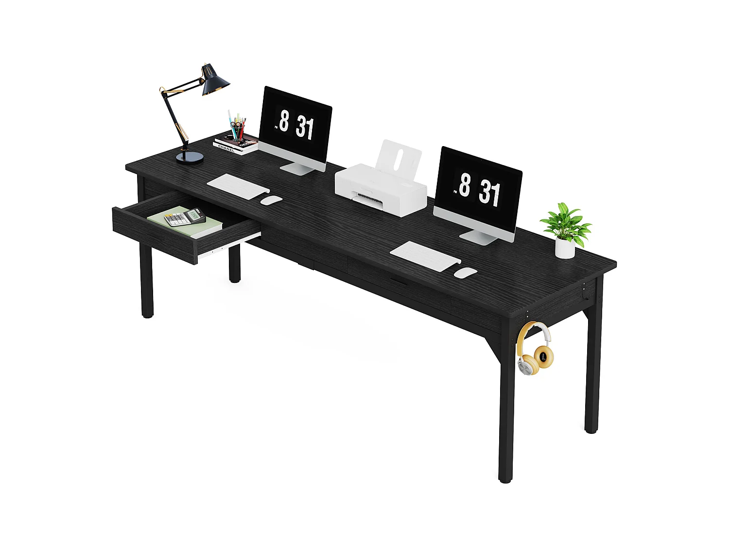Bureau d'ordinateur - 200 x 60 x 82 cm - Double Bureau Long avec 2 tiroirs - Noir