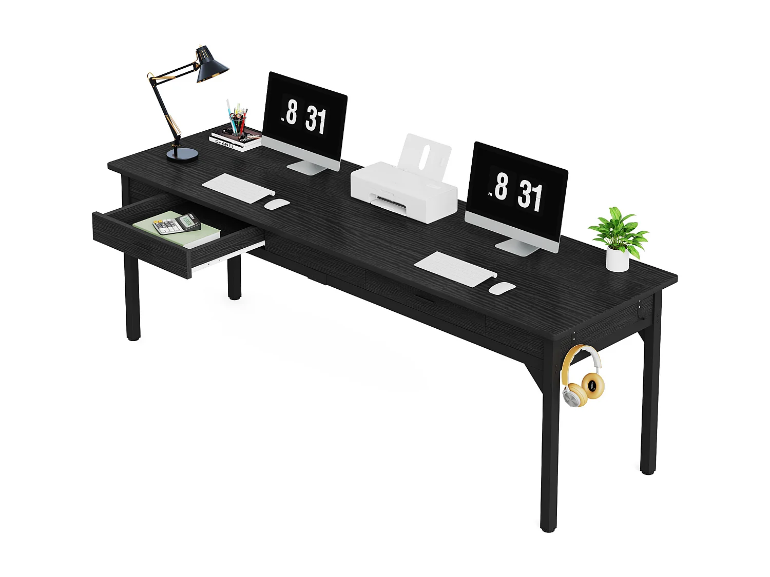 Computerbureau - 200 x 60 x 82 cm - Dubbel lang bureau met 2 lades - Zwart