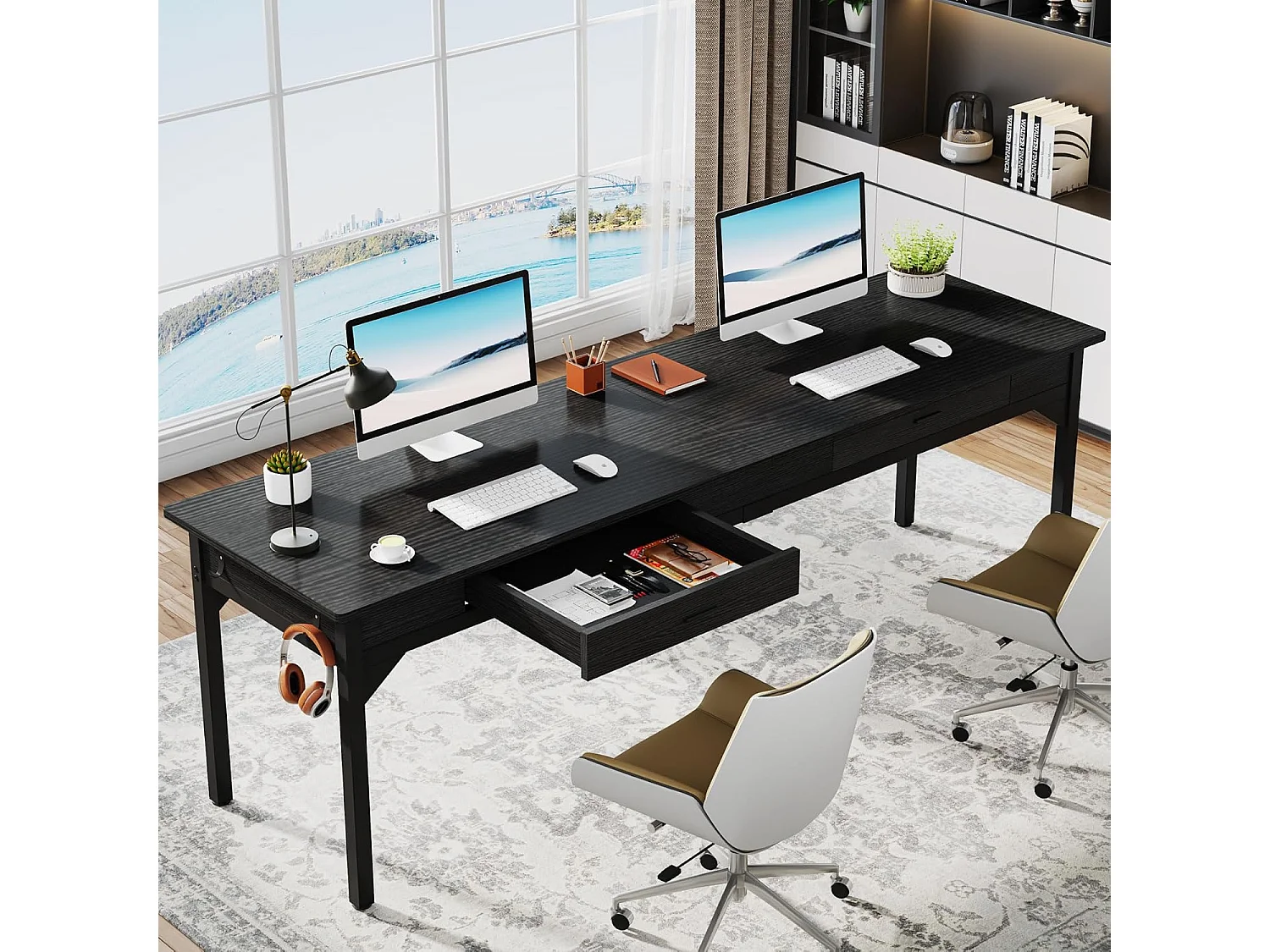 Computerbureau - 200 x 60 x 82 cm - Dubbel lang bureau met 2 lades - Zwart