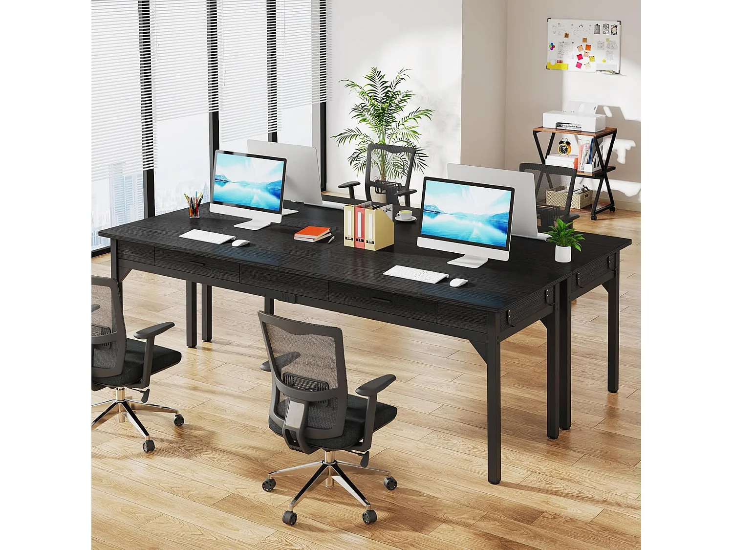 Computerbureau - 200 x 60 x 82 cm - Dubbel lang bureau met 2 lades - Zwart