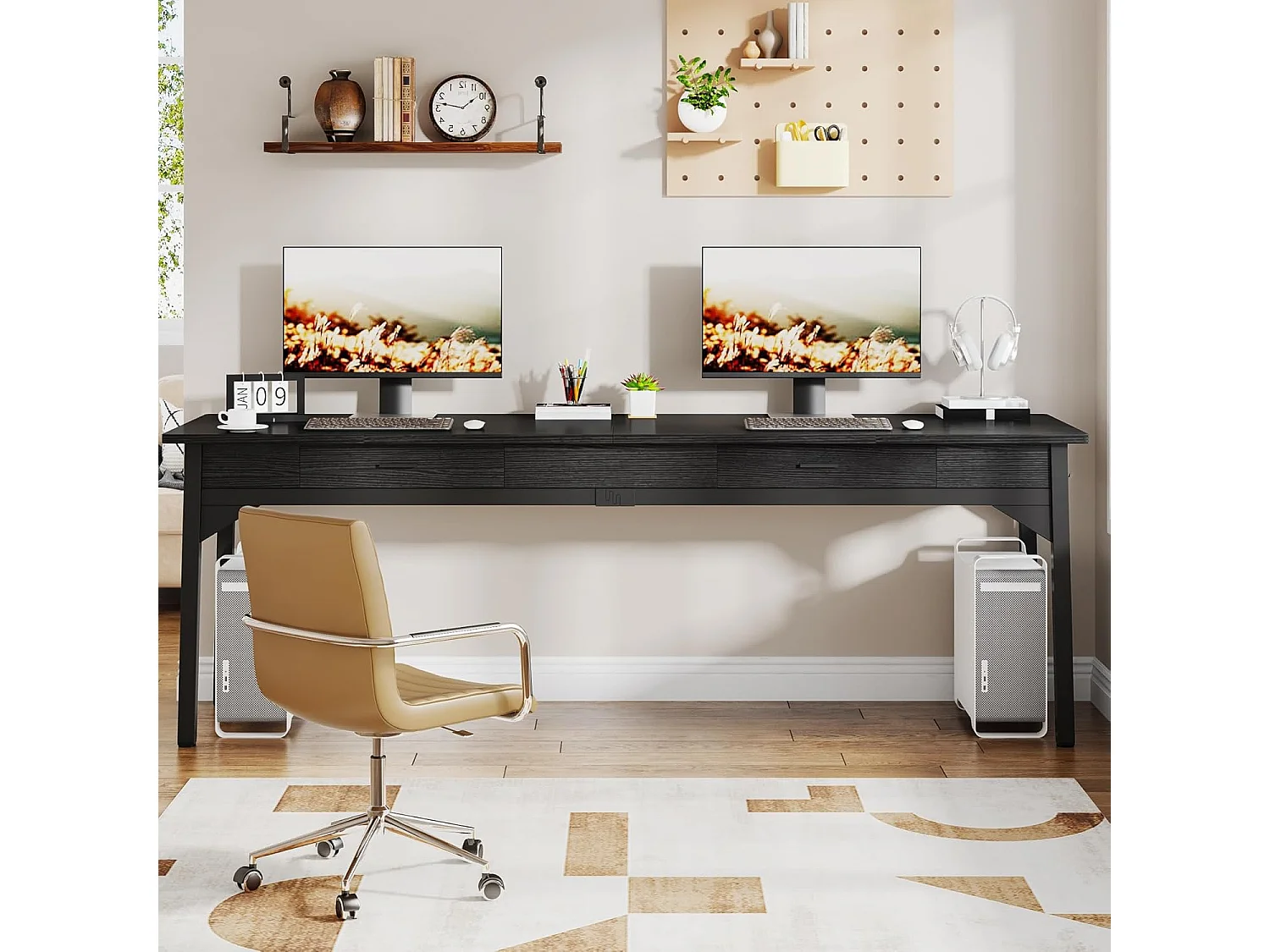 Computerbureau - 200 x 60 x 82 cm - Dubbel lang bureau met 2 lades - Zwart