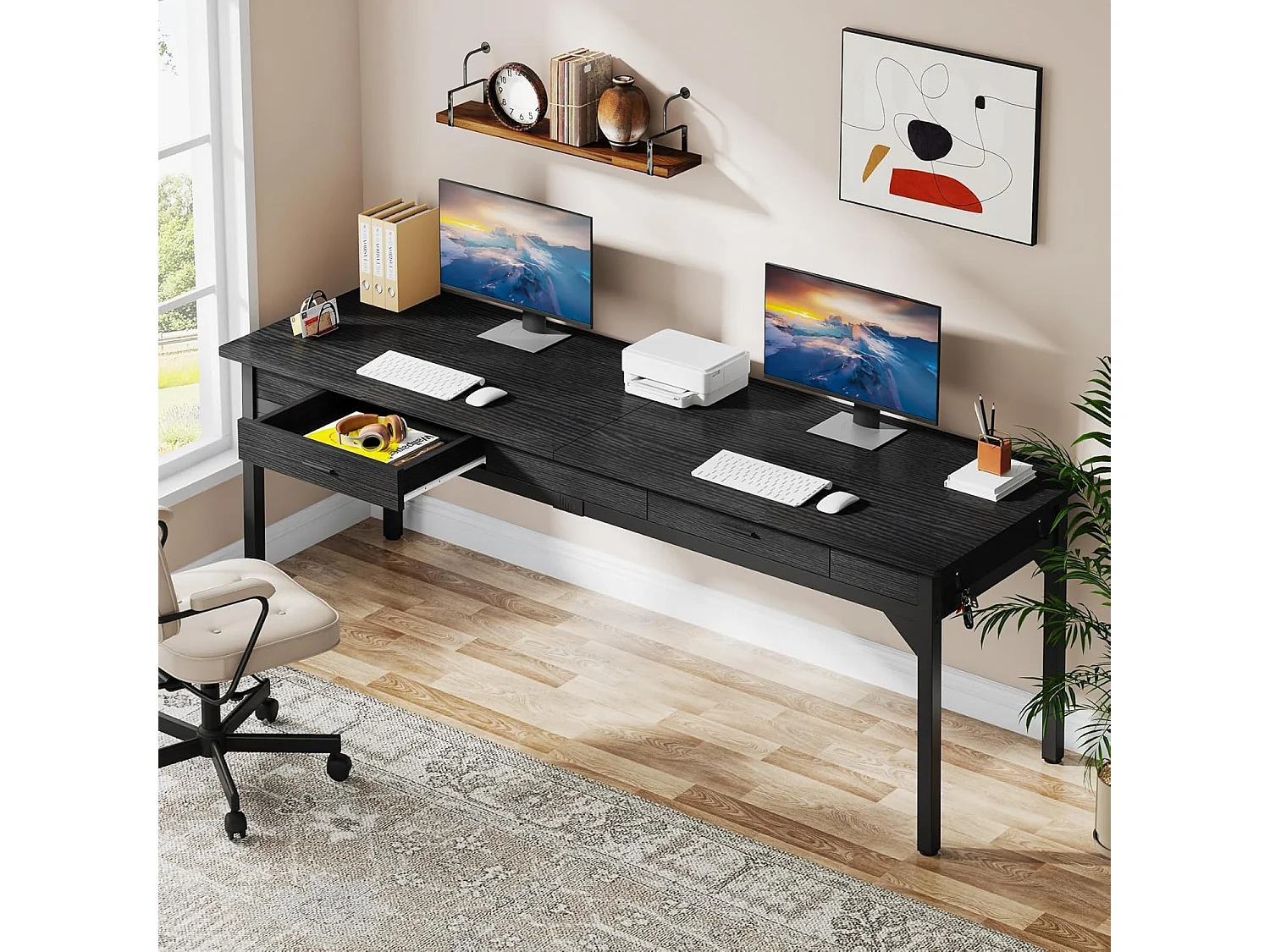 Computerbureau - 200 x 60 x 82 cm - Dubbel lang bureau met 2 lades - Zwart