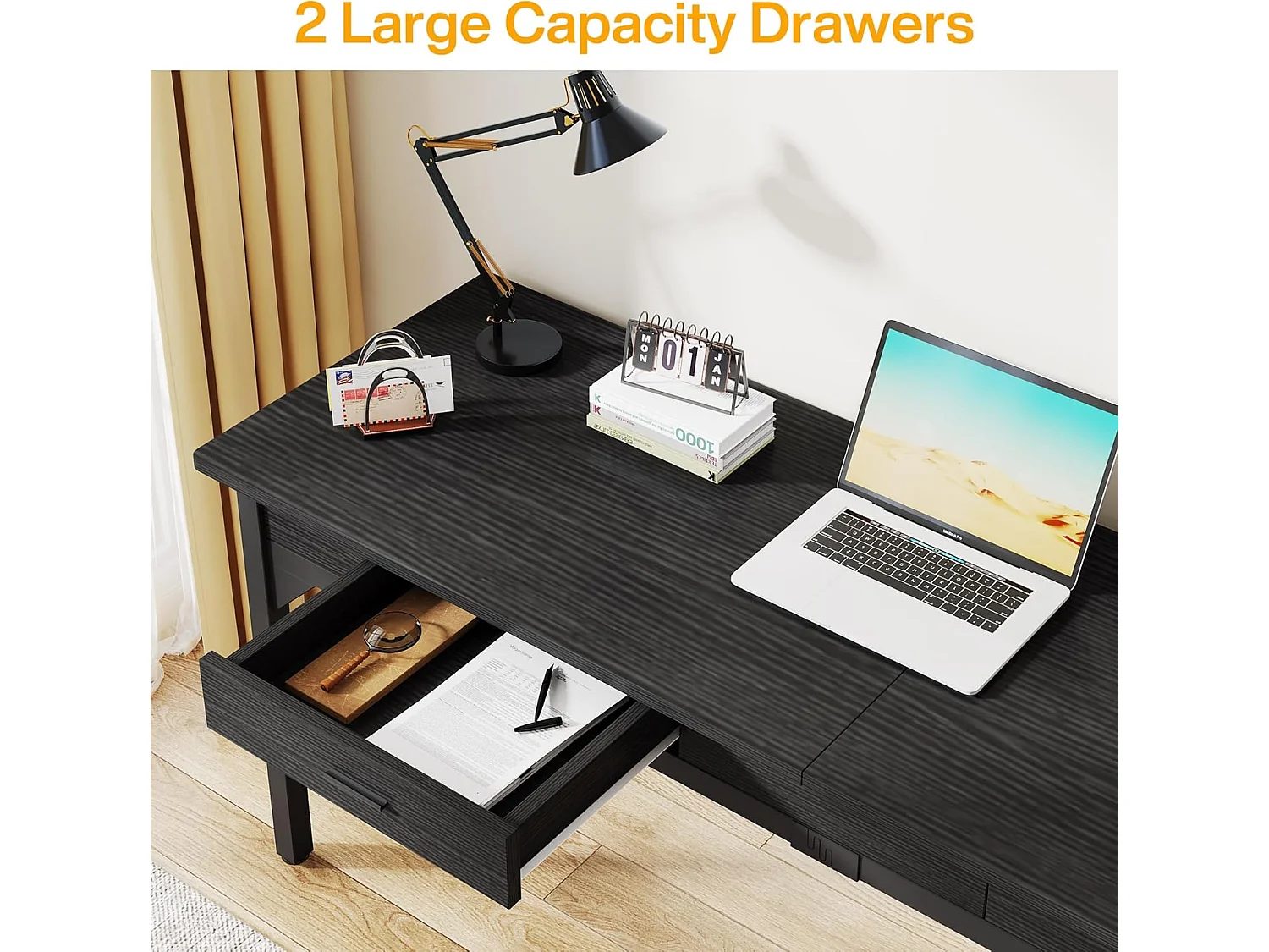 Computerbureau - 200 x 60 x 82 cm - Dubbel lang bureau met 2 lades - Zwart