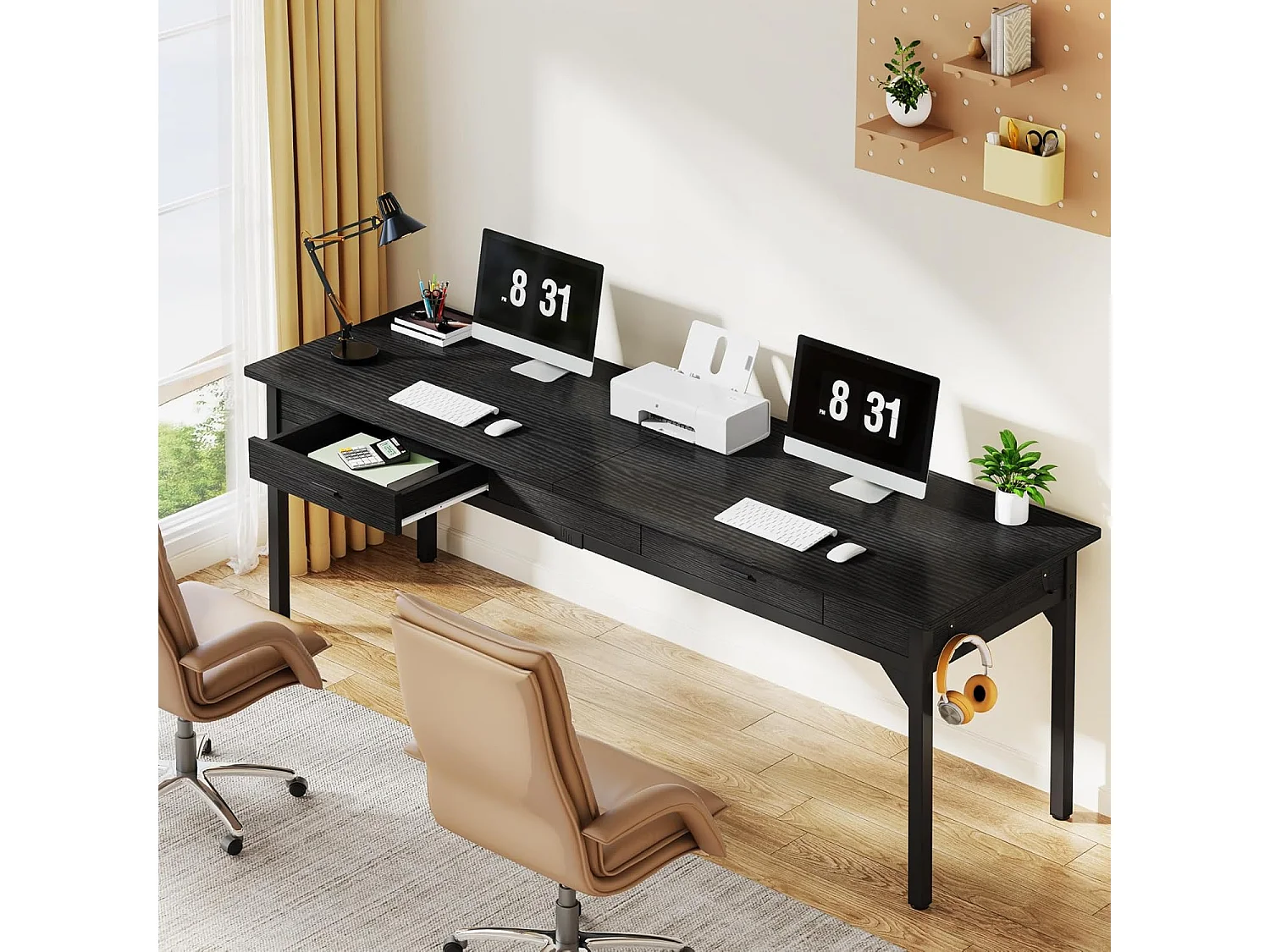Computerbureau - 200 x 60 x 82 cm - Dubbel lang bureau met 2 lades - Zwart