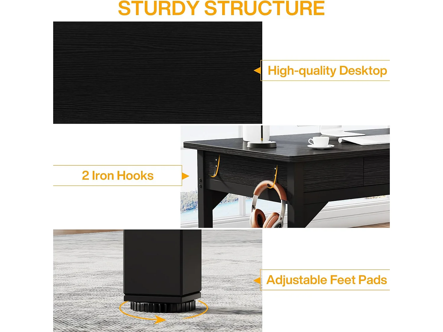 Computerbureau - 200 x 60 x 82 cm - Dubbel lang bureau met 2 lades - Zwart