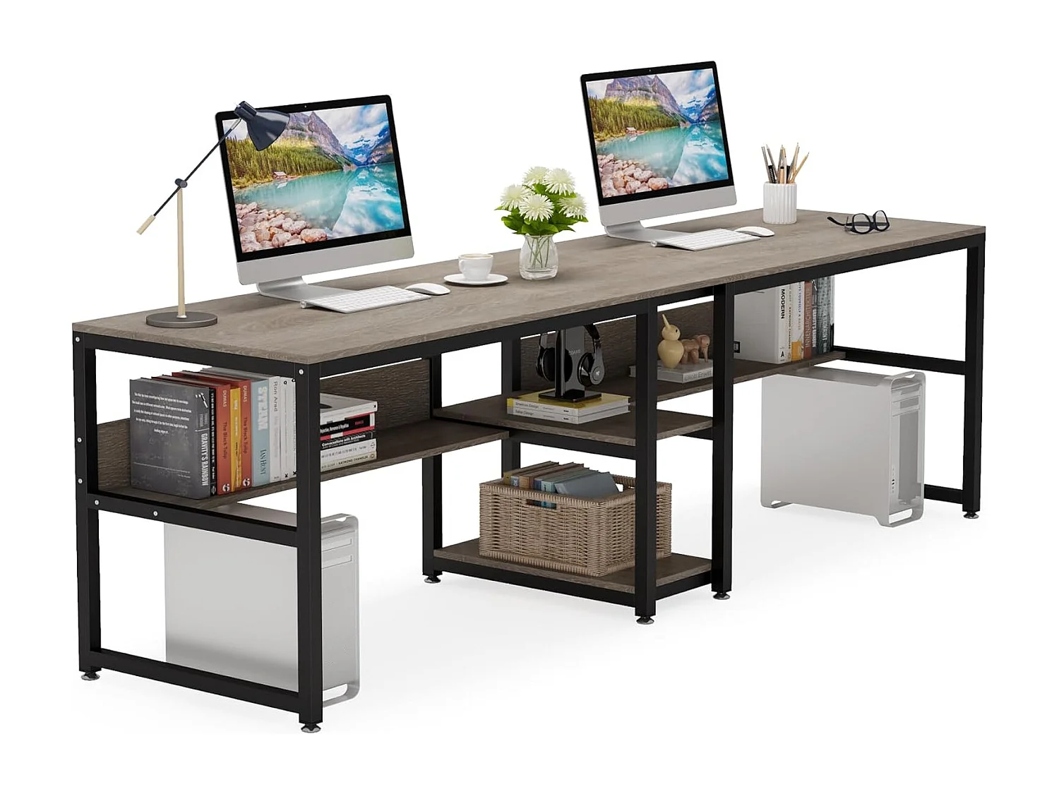 Bureau double pour 2 personnes avec bibliothèque, bureau d'ordinateur double pour deux personnes (gris)