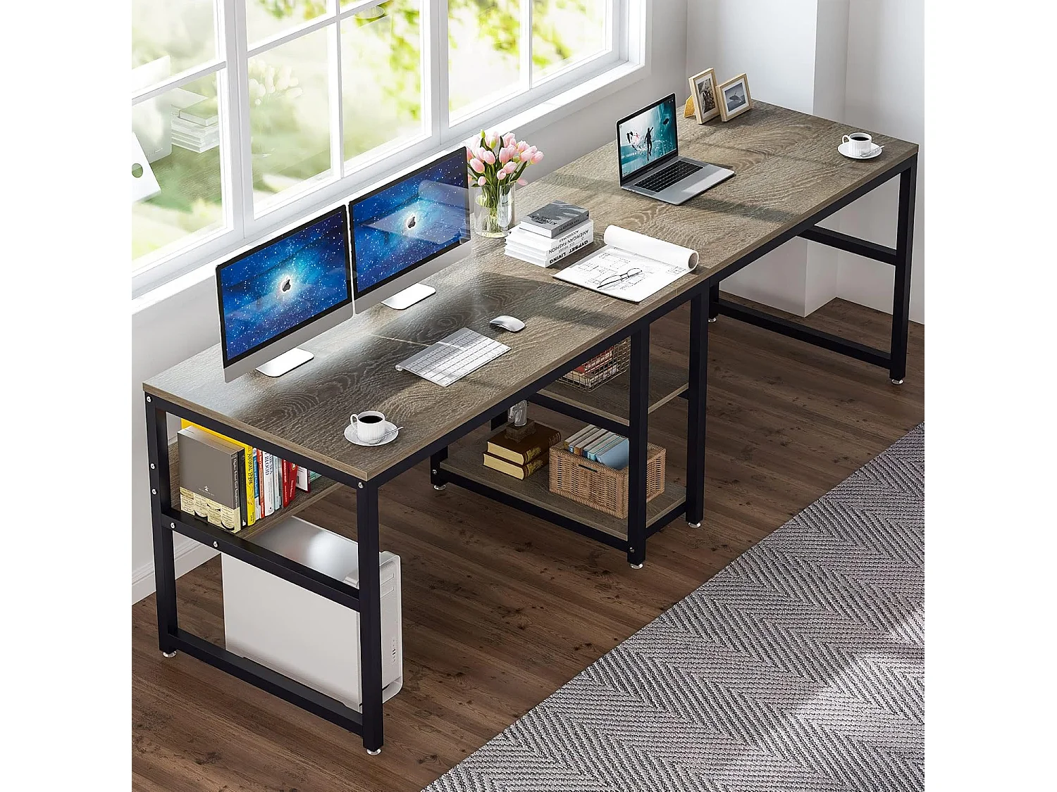Bureau double pour 2 personnes avec bibliothèque, bureau d'ordinateur double pour deux personnes (gris)