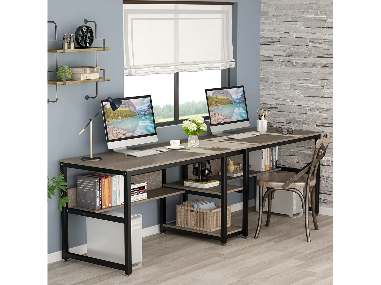 Bureau double pour 2 personnes avec bibliothèque, bureau d'ordinateur double pour deux personnes (gris)
