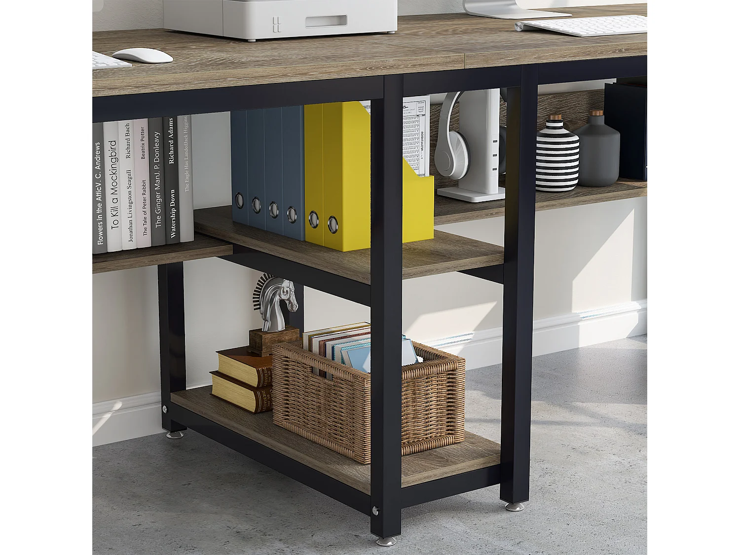 Bureau double pour 2 personnes avec bibliothèque, bureau d'ordinateur double pour deux personnes (gris)