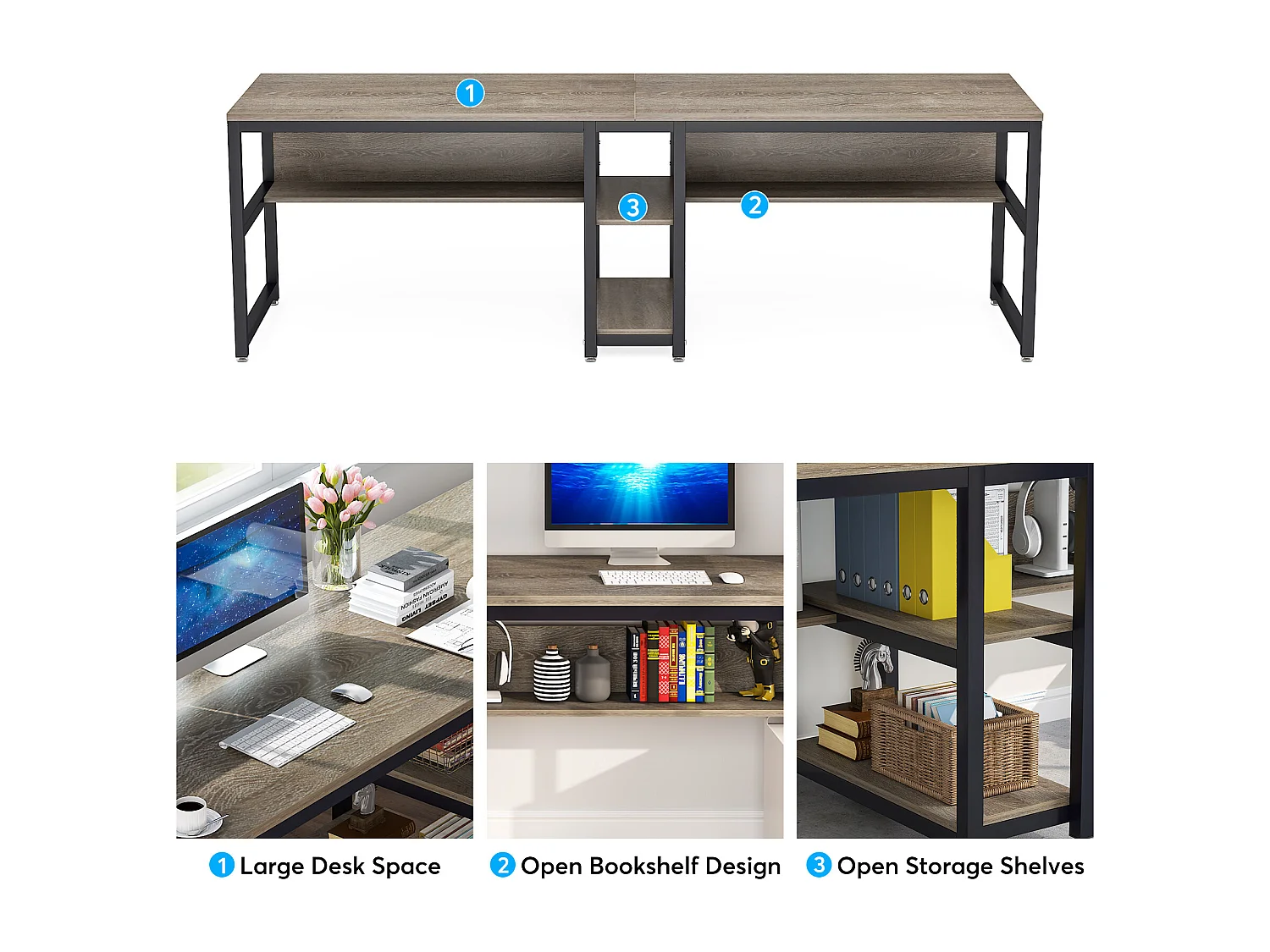 Bureau double pour 2 personnes avec bibliothèque, bureau d'ordinateur double pour deux personnes (gris)