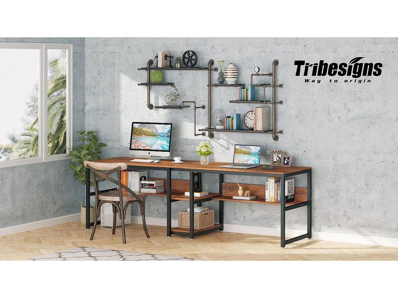 Bureau double pour 2 personnes avec bibliothèque, bureau d'ordinateur double pour deux personnes (gris)